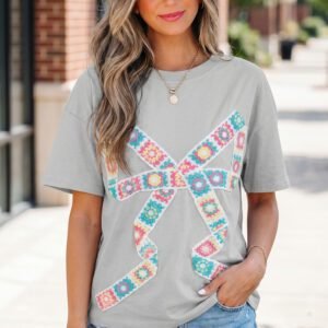 Light Grey Floral Crochet Ribbon Bow Patched Cotton T Shirt