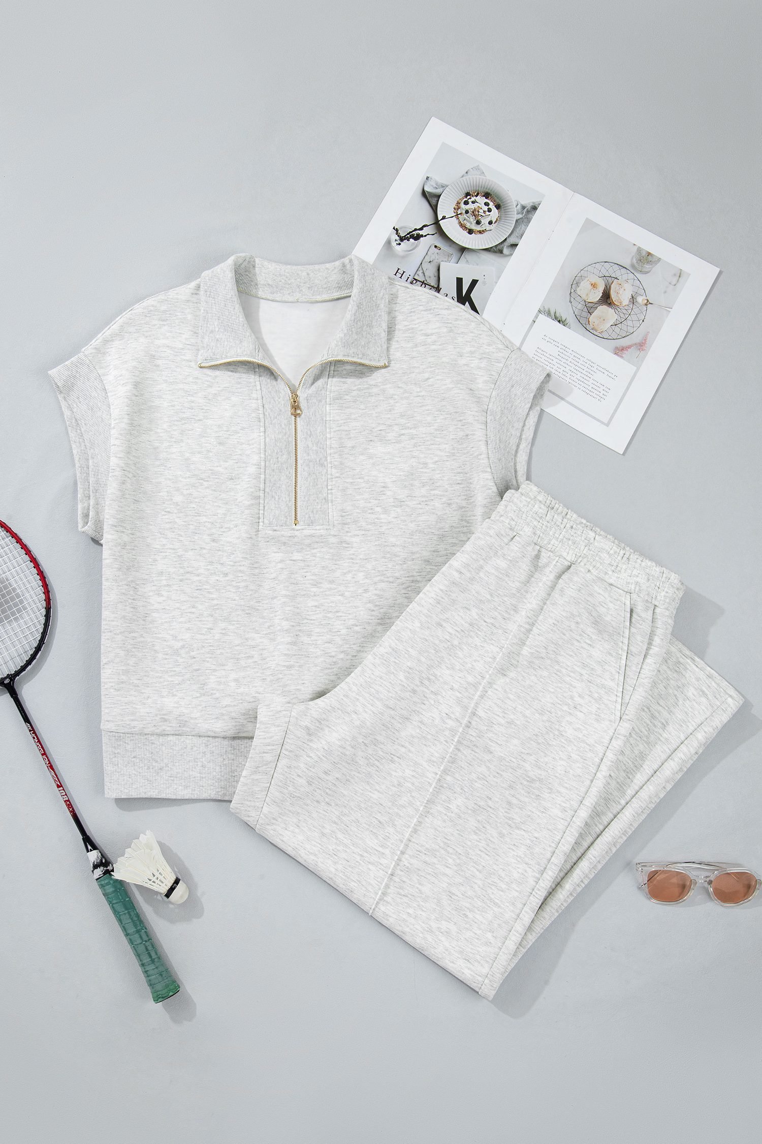 Light Grey Half Zip Polo Tee Loose Pants Plus Size 2pcs Outfit