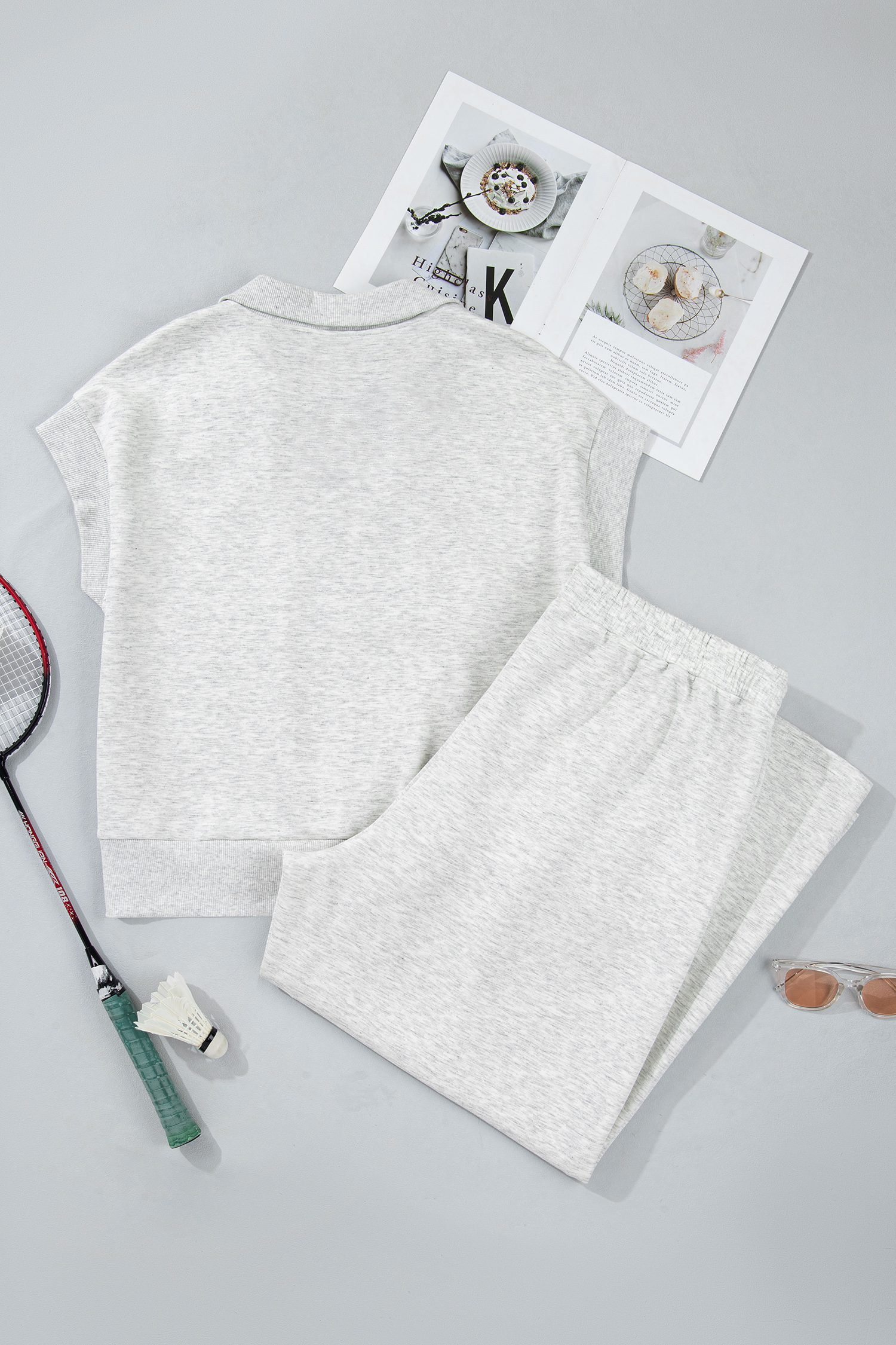 Light Grey Half Zip Polo Tee Loose Pants Plus Size 2pcs Outfit