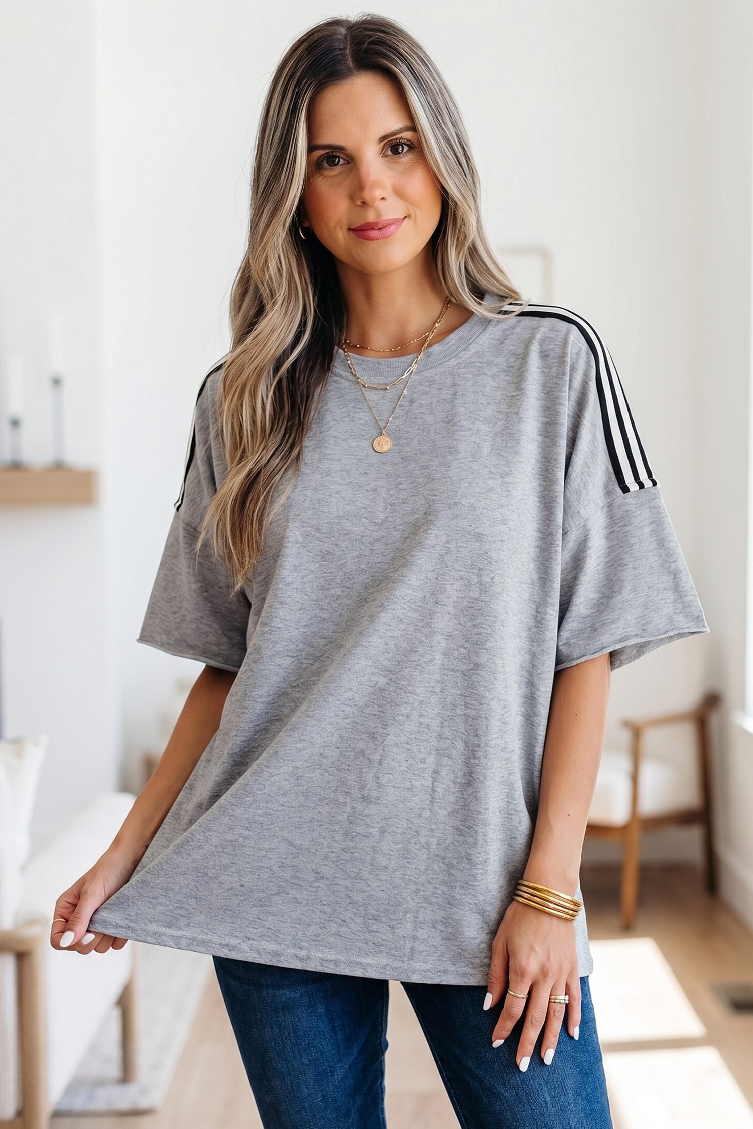 Light Grey Patchwork Detail Raw Edge Oversize Tee