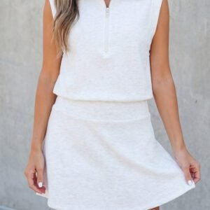 Light Grey Solid Color Sleeveless Zipper Tank and Skort Set