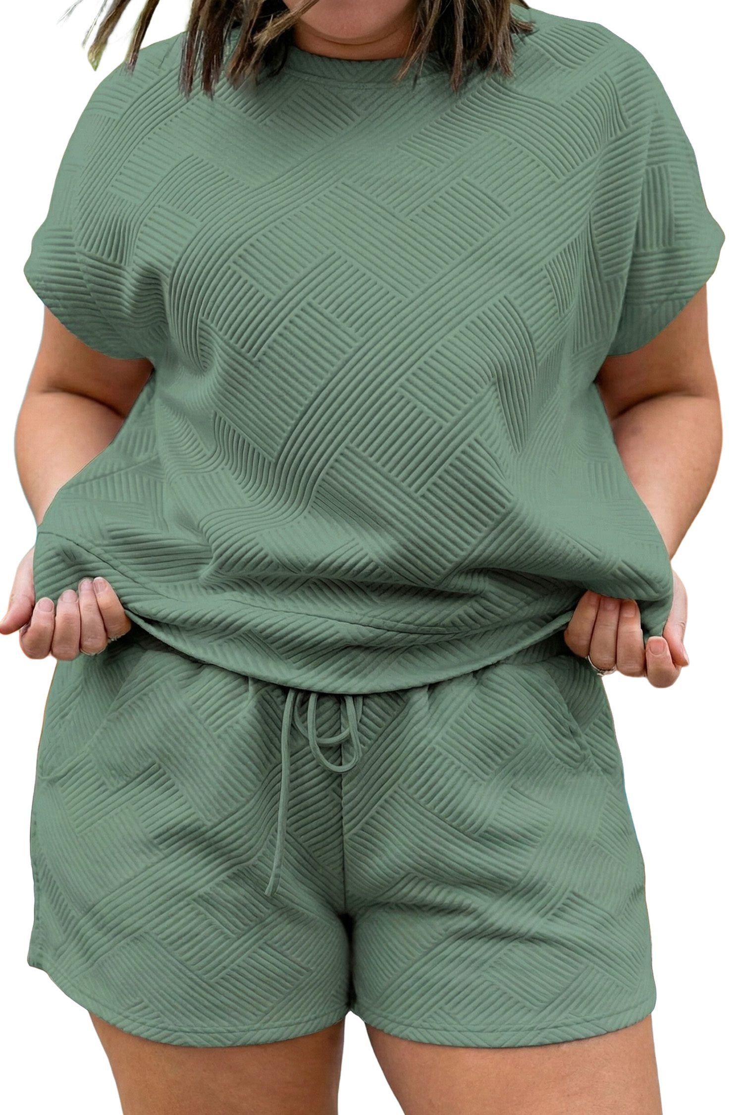 Mineral Blue Plus Size Textured Short Sleeve Top Drawstring Shorts Set