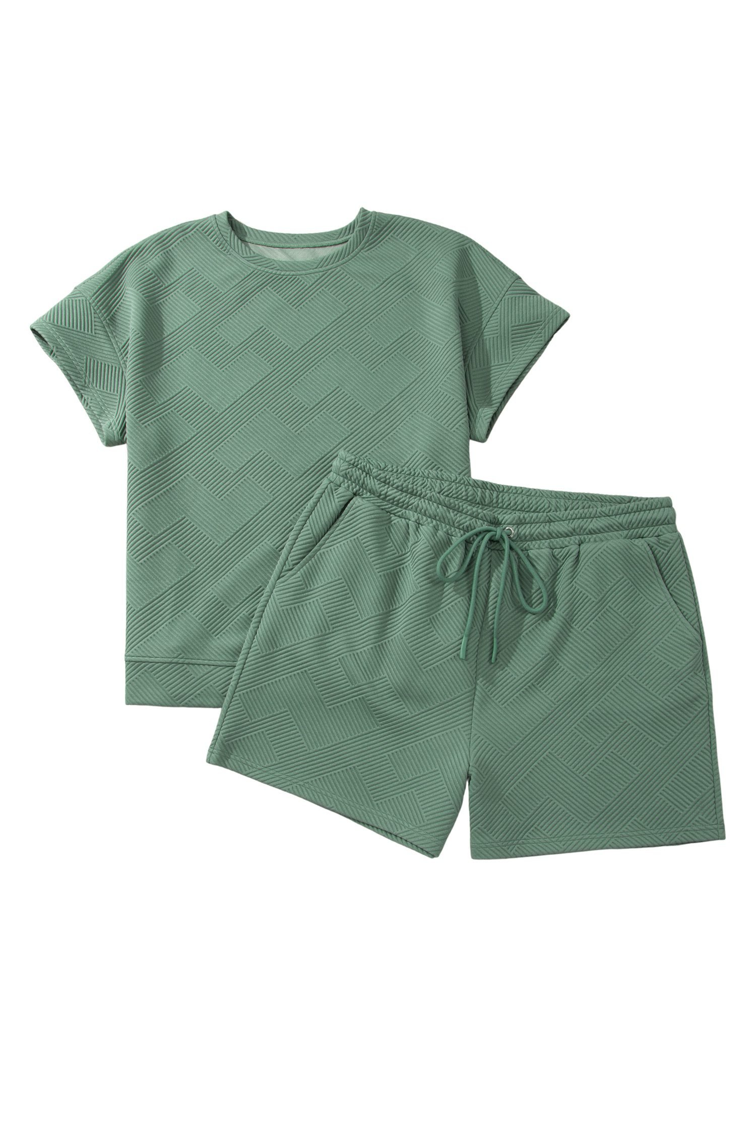 Mineral Blue Plus Size Textured Short Sleeve Top Drawstring Shorts Set