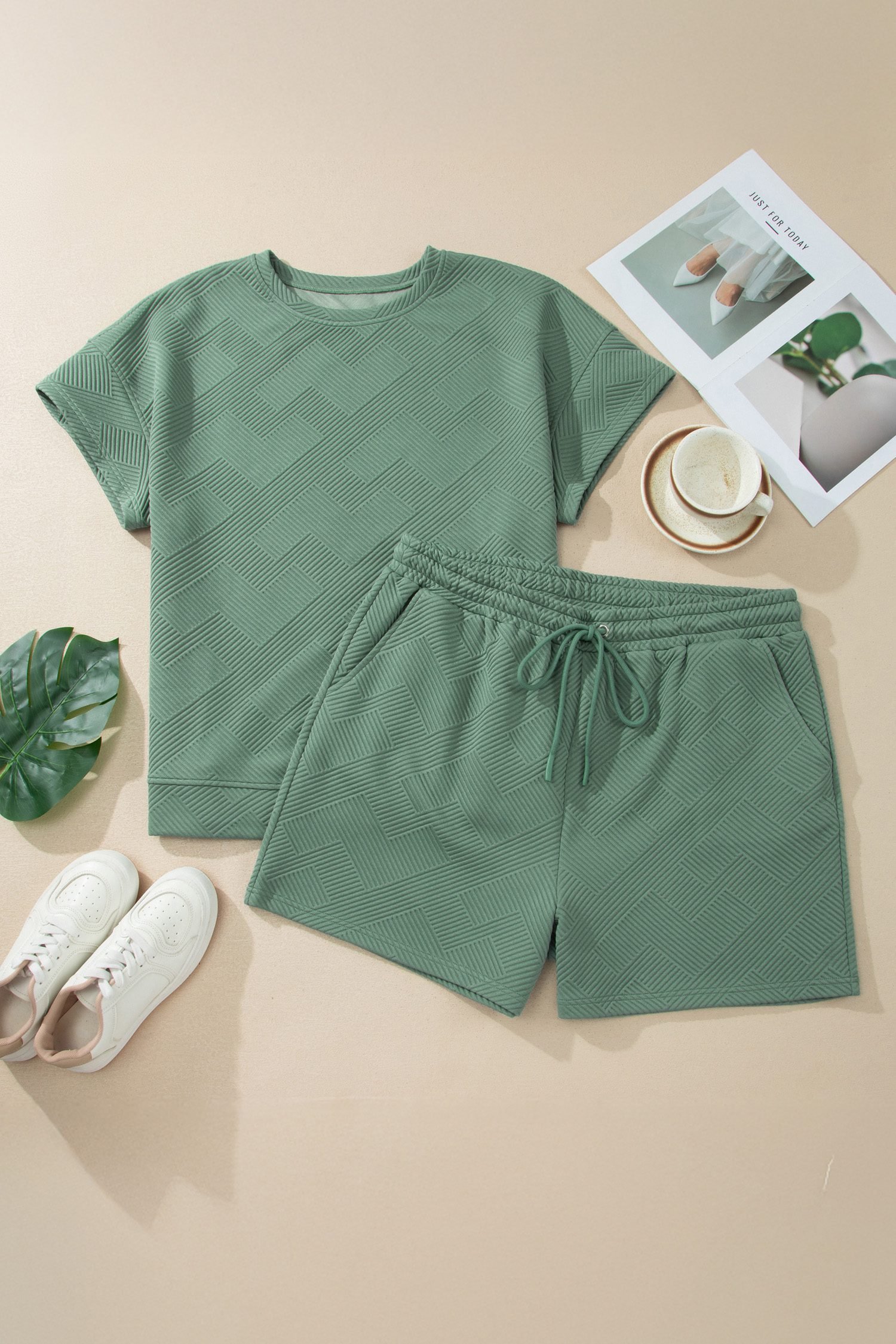 Mineral Blue Plus Size Textured Short Sleeve Top Drawstring Shorts Set