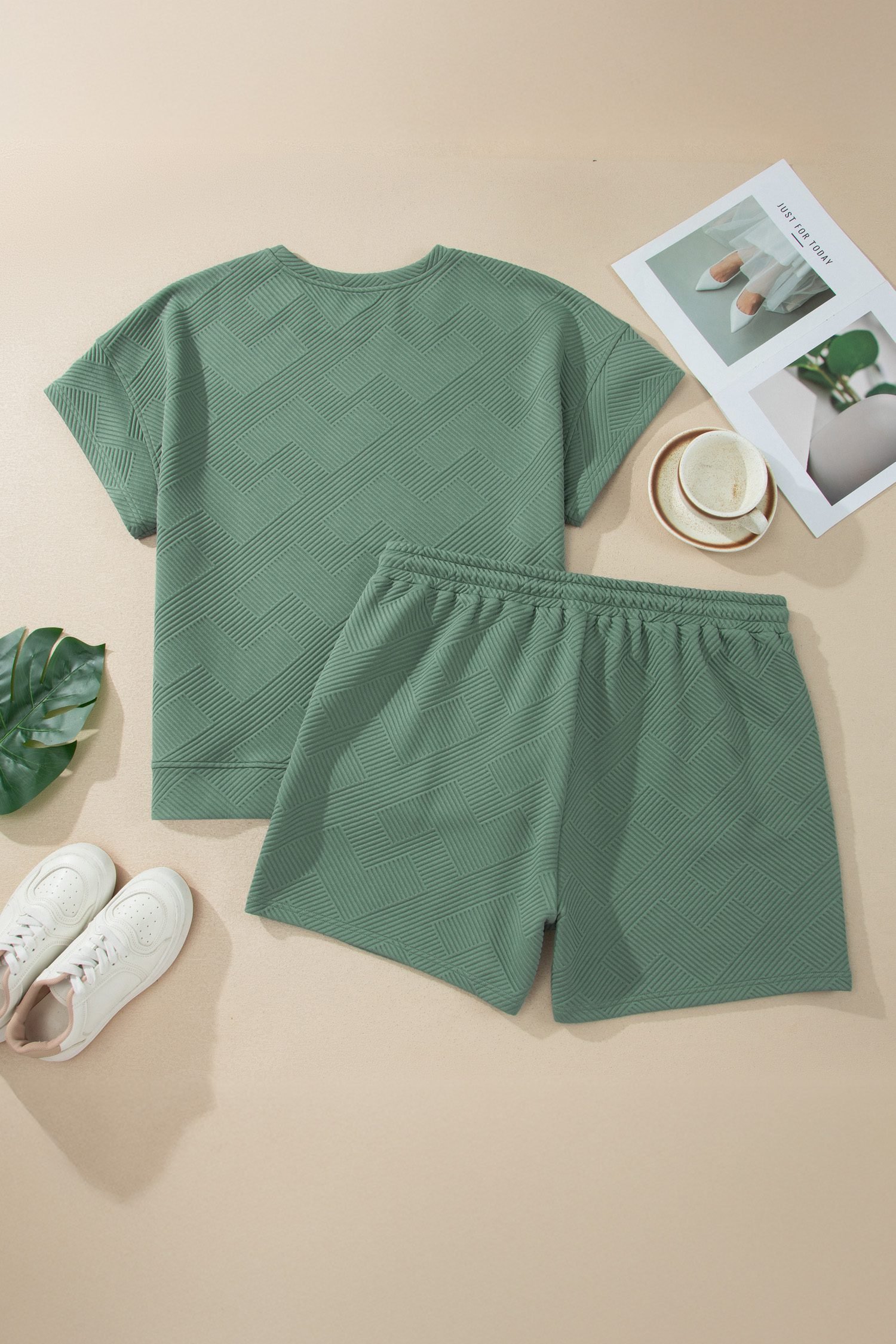 Mineral Blue Plus Size Textured Short Sleeve Top Drawstring Shorts Set
