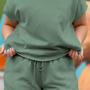 Mineral Blue Plus Size Textured Short Sleeve Top Drawstring Shorts Set