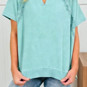 Mint Green Raw Cut Notched Neck Lace Patchwork Detail Mineral Wash Tee