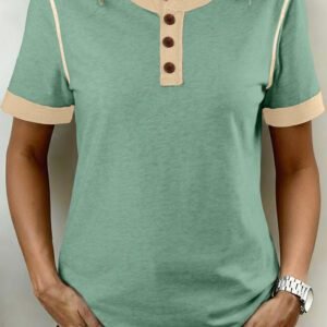 Mint Green Raw Seam Color Block Detail Buttoned Henley Tee