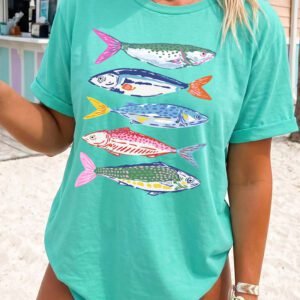 Mint Green Vibrant Fish Print Casual Short Sleeve T Shirt