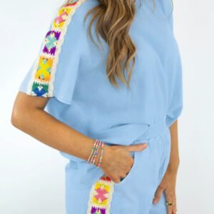 Mist Blue Granny Square Crochet Detail Short 2pcs Set