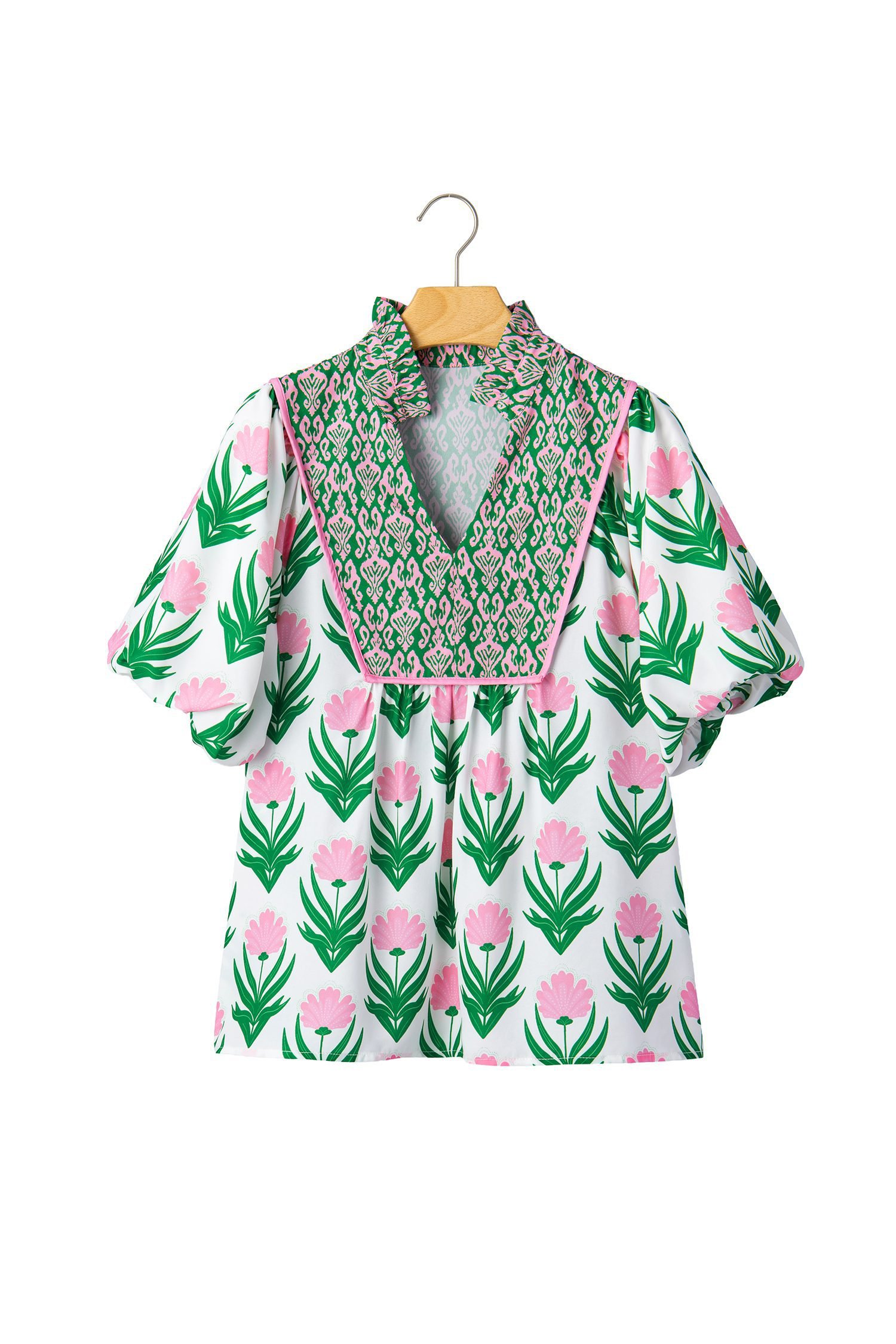 Multicolour Floral Print Puff Sleeve Contrast Bordered V Neck Blouse