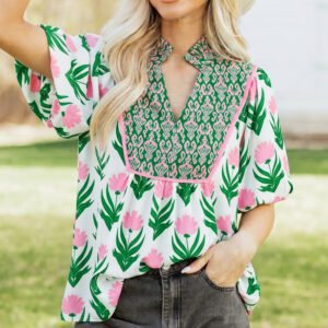 Multicolour Floral Print Puff Sleeve Contrast Bordered V Neck Blouse