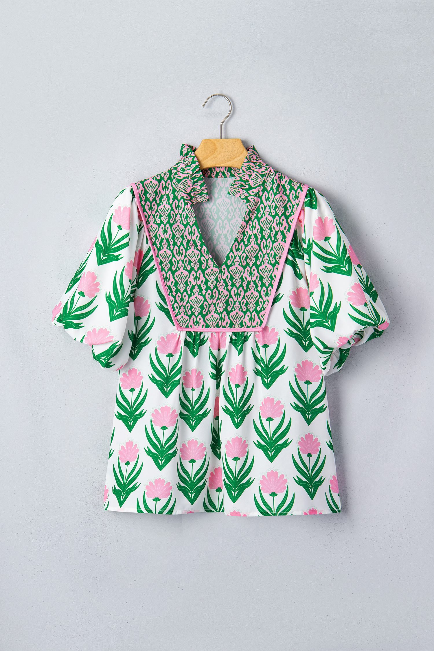 Multicolour Floral Print Puff Sleeve Contrast Bordered V Neck Blouse