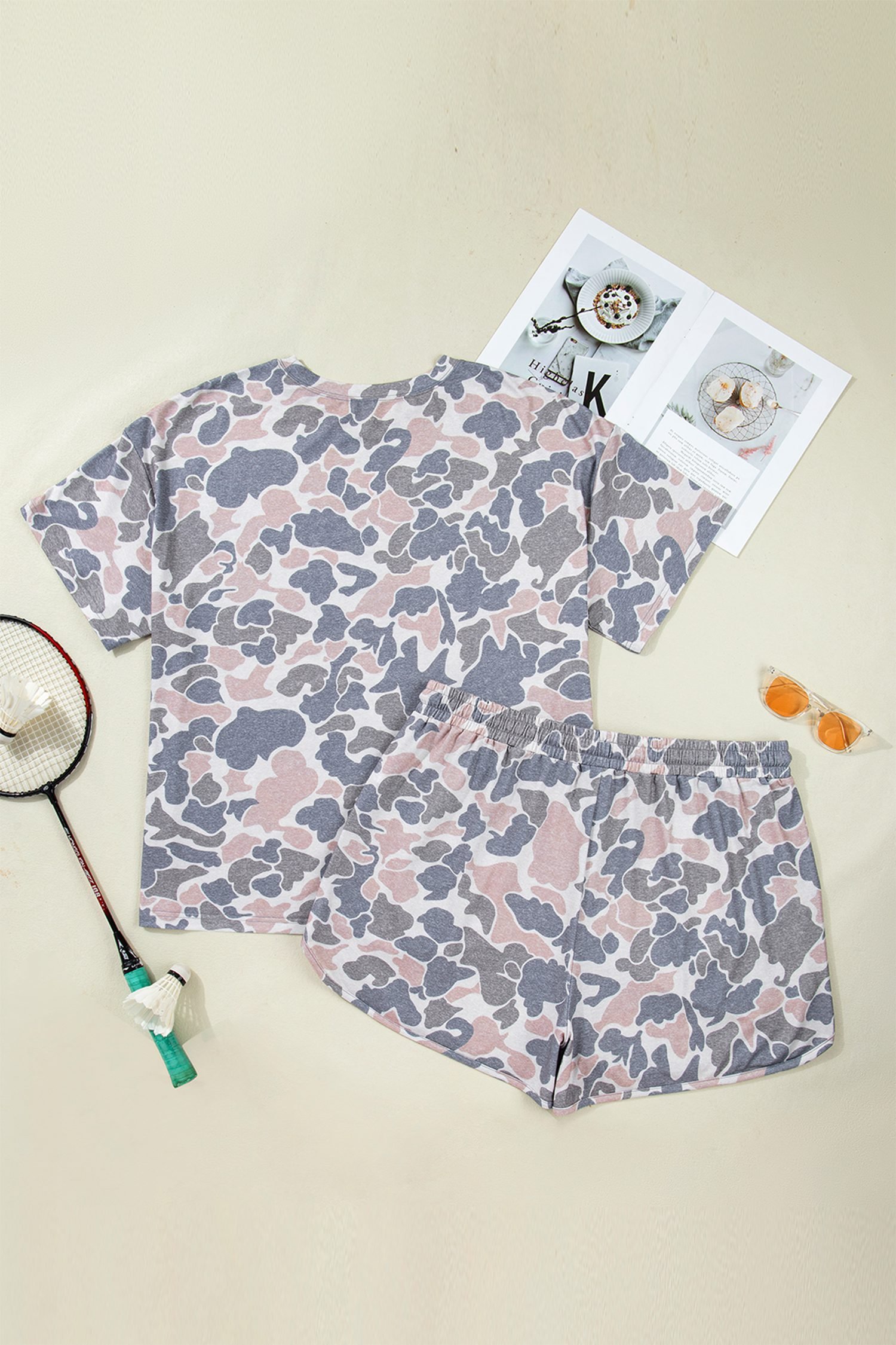 Multicolour Plus Size Camouflage Print Casual Tee and Shorts Set