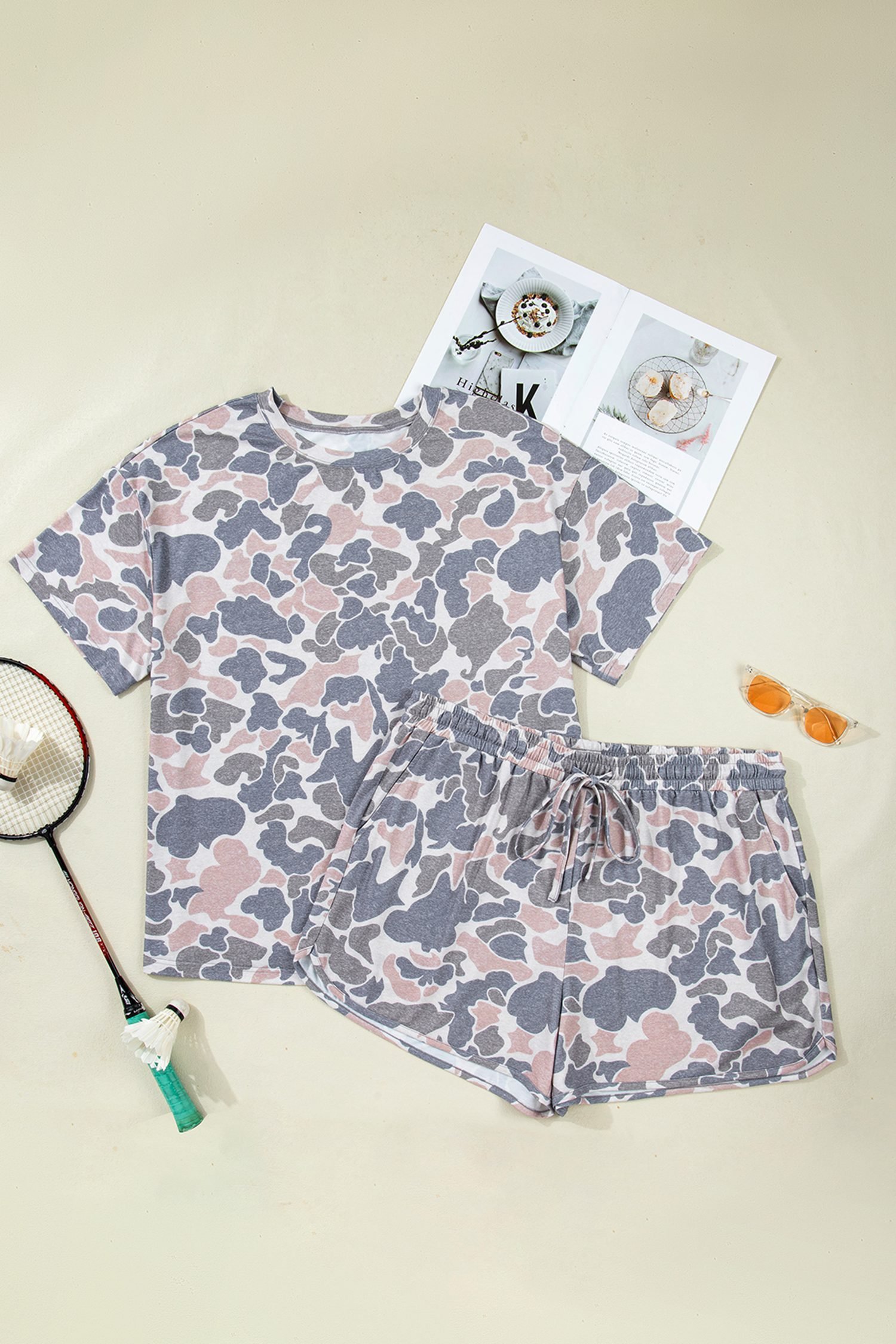 Multicolour Plus Size Camouflage Print Casual Tee and Shorts Set