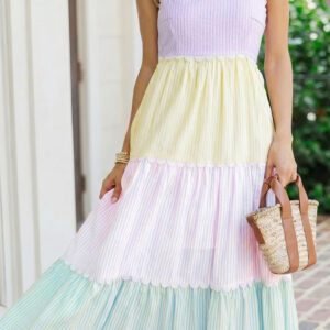 Multicolour Striped Colorblock Adjustable Strap Scalloped Detail Long Dress