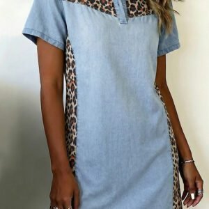 Myosotis Denim Color Block Leopard Patchwork Shirt Collar T Shirt Mini Dress