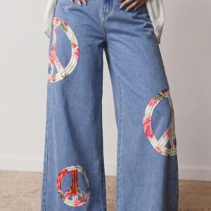 Myosotis Floral Peace Sign Embroidered Patch Wide Leg Jeans