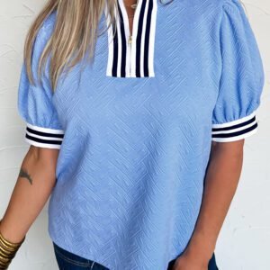 Myosotis Stylish Textured Stripe Trim Split Neck Puff Sleeve Top