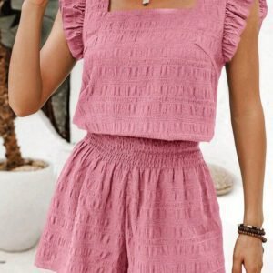 Peach Blossom Textured Square Neck Top and Shirred High Waist Shorts Set