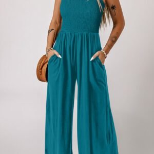 Peacock Blue Smocked Square Neck Sleeveless Jumpsuit with Pockets