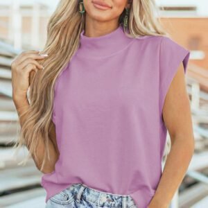 Phalaenopsis Solid Color High Neck Cap Sleeve Loose Top