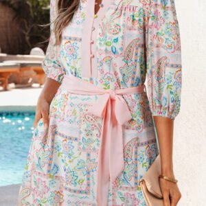 Pink Boho Floral Print Color Block Trim Half Button Belted Mini Dress