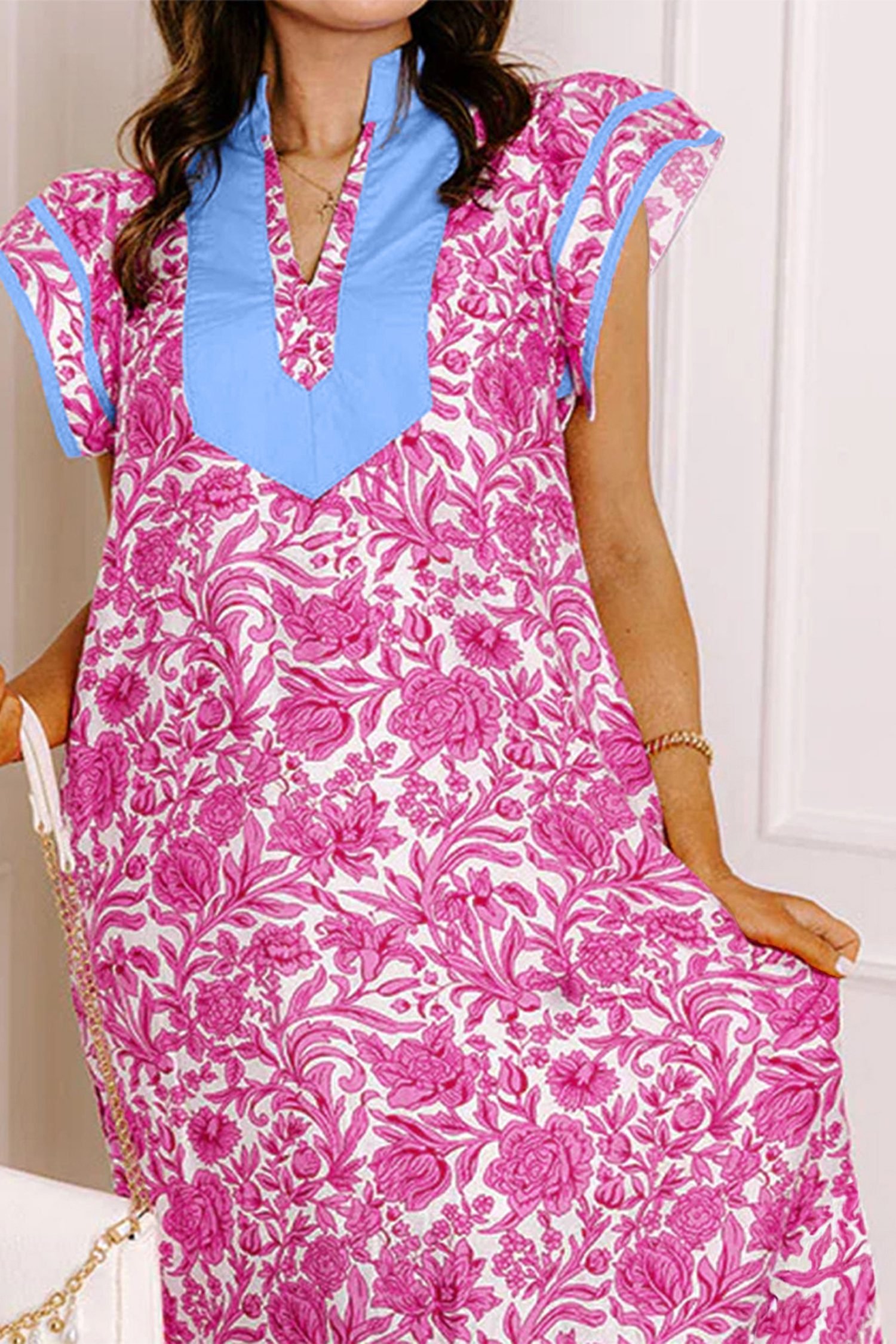 Pink Floral Print Color Block Patchwork V Neck Short Sleeve Midi Dress