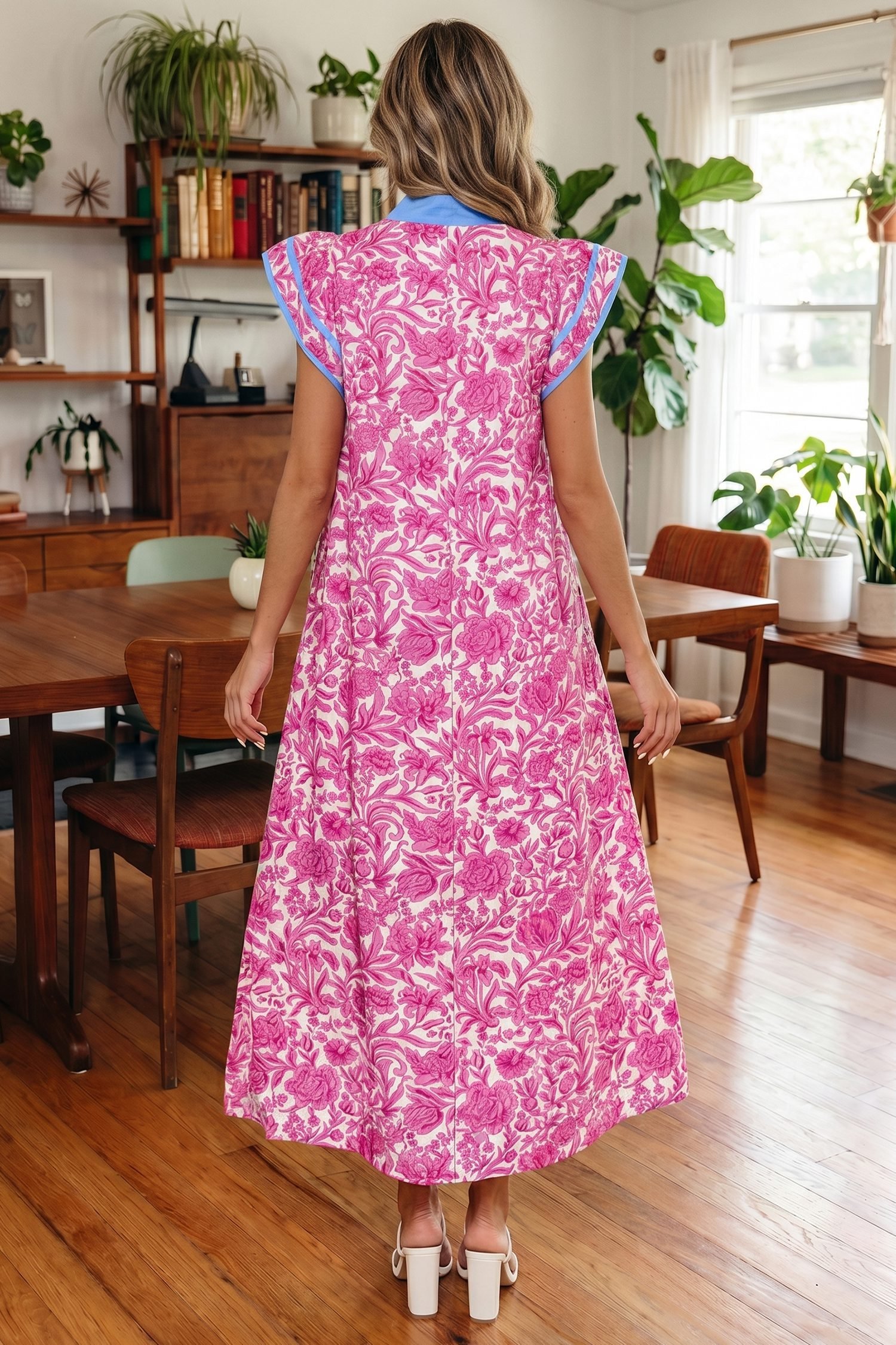 Pink Floral Print Color Block Patchwork V Neck Short Sleeve Midi Dress