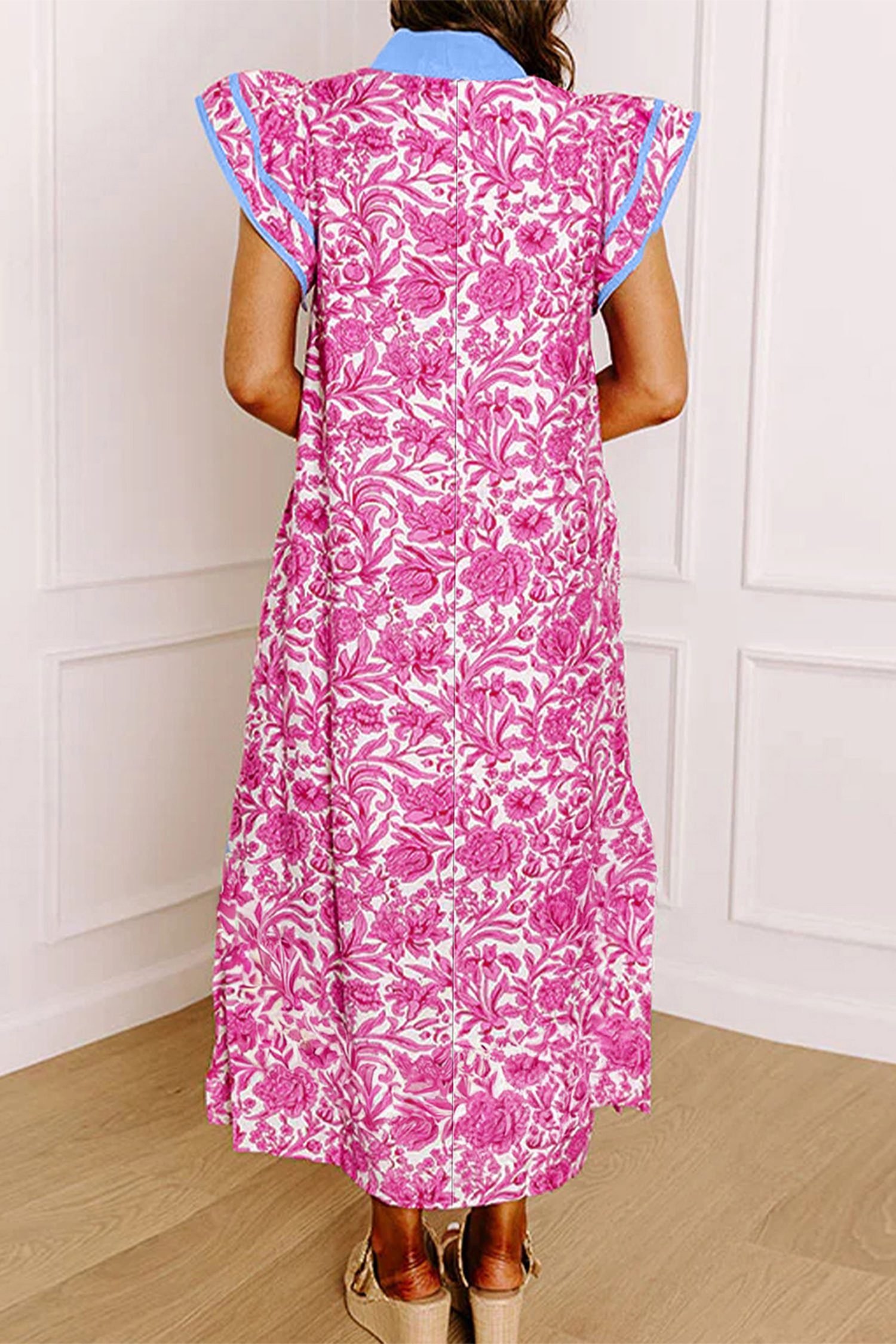 Pink Floral Print Color Block Patchwork V Neck Short Sleeve Midi Dress