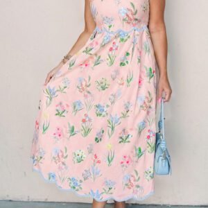 Pink Floral Print Contrast Trim Self-tie Straps High Waist Midi Dress