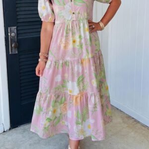 Pink Floral Print Short Puff Sleeve High Waist Tiered Maxi Dress