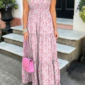 Pink Floral Short Bubble Sleeve Shirred High Waist Maxi Dress