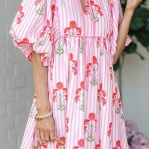 Pink Floral Striped Print Tie Notched Neck Puff Sleeve Flared Mini Dress