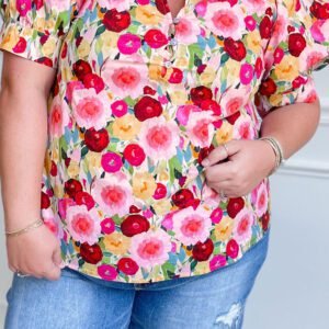 Pink Plus Size Flower Print Split V Neck Puff Short Sleeve Top