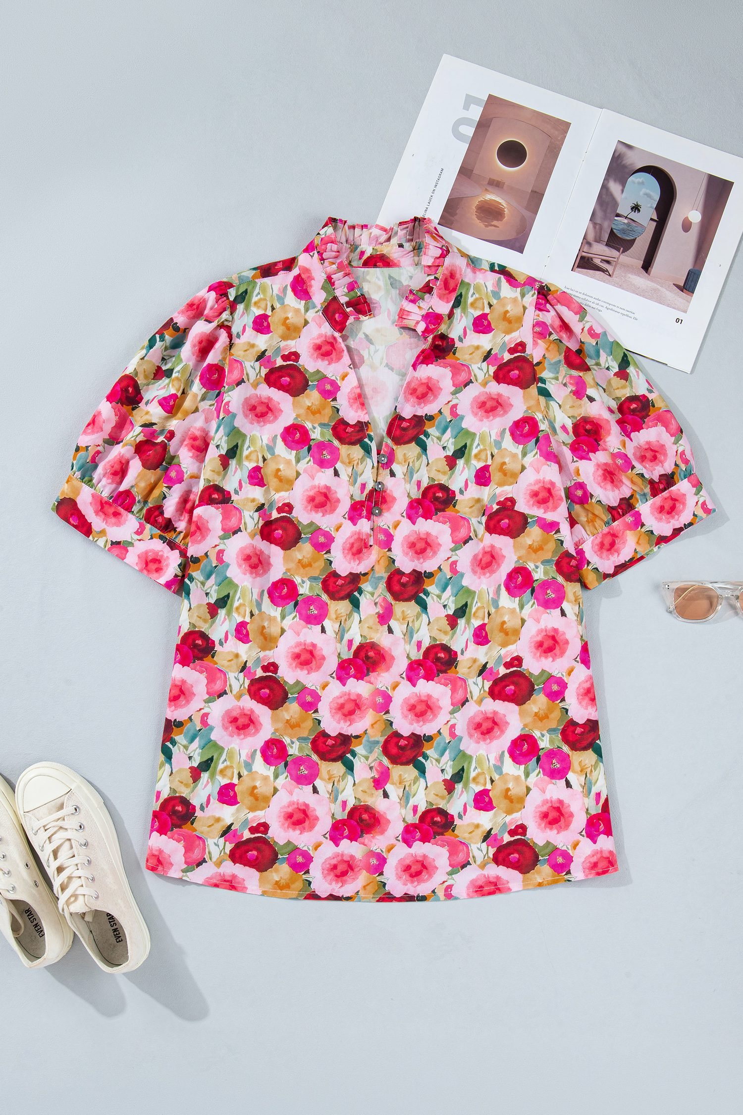Pink Plus Size Flower Print Split V Neck Puff Short Sleeve Top
