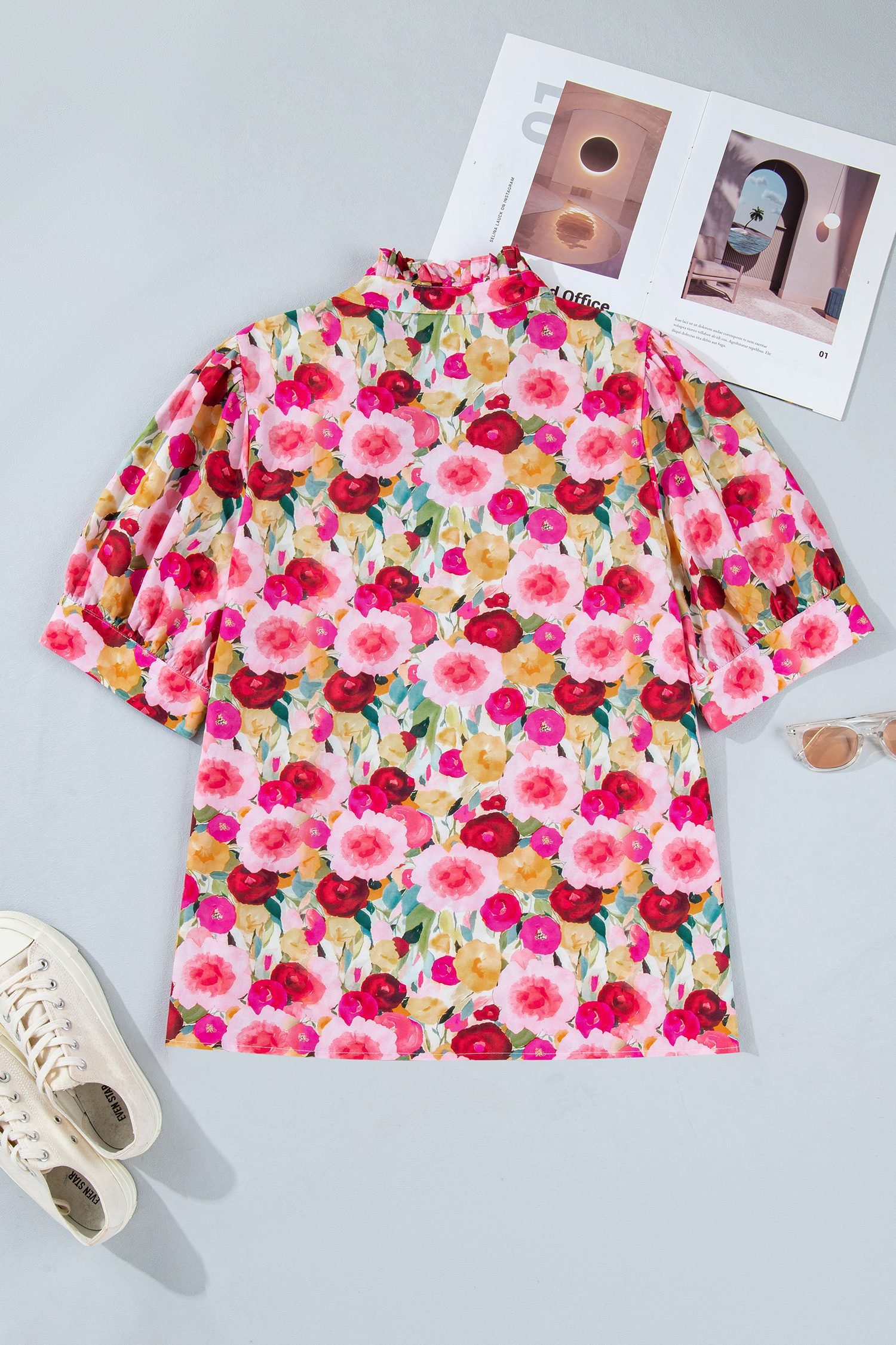 Pink Plus Size Flower Print Split V Neck Puff Short Sleeve Top