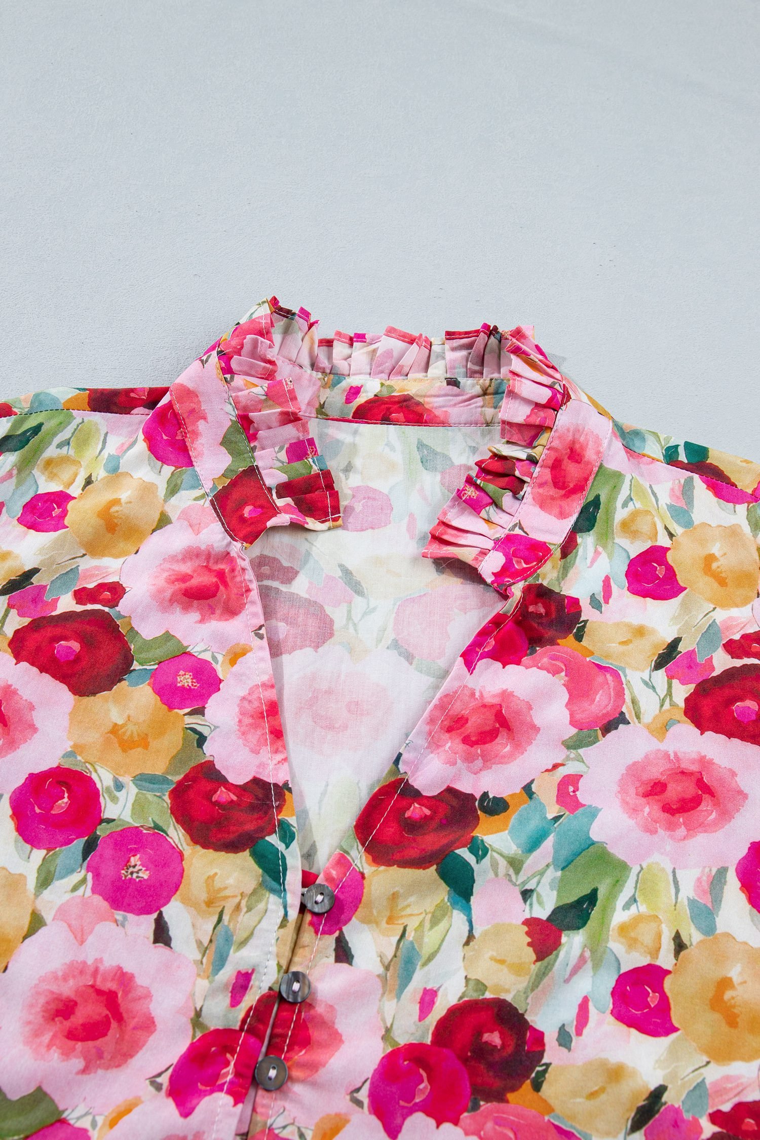 Pink Plus Size Flower Print Split V Neck Puff Short Sleeve Top