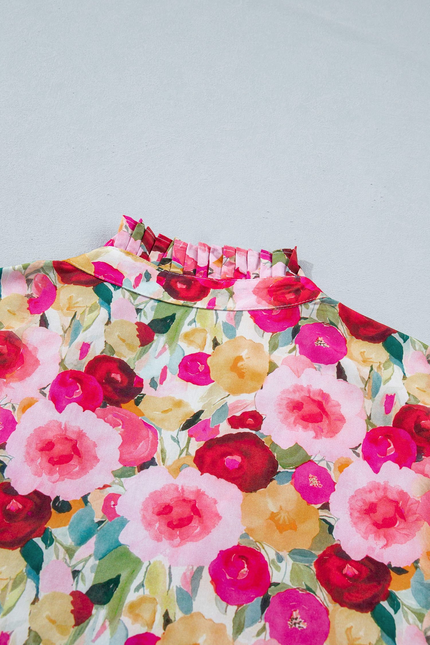 Pink Plus Size Flower Print Split V Neck Puff Short Sleeve Top