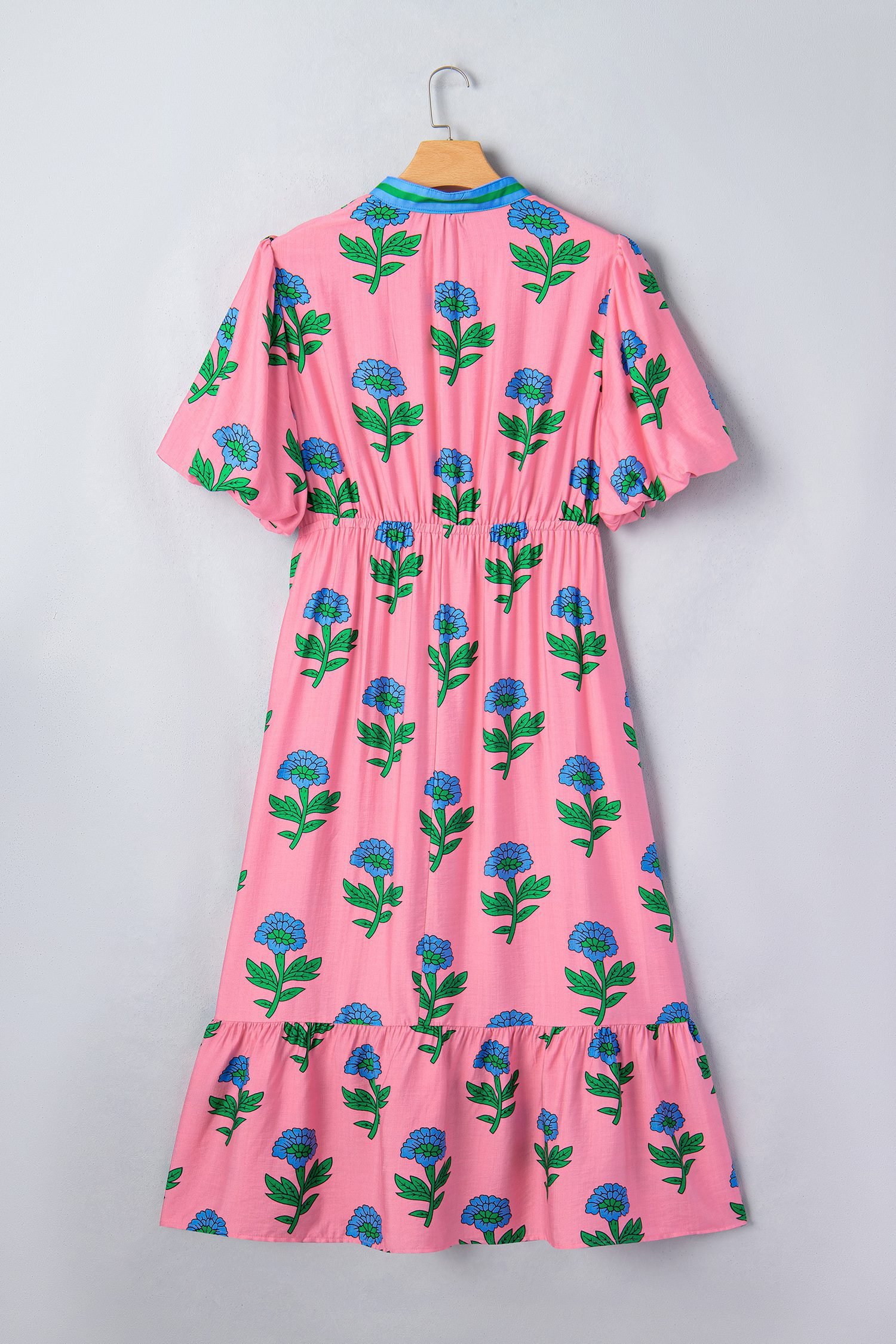 Pink Plus Size Striped V Neck Ruffled Floral Long Dress
