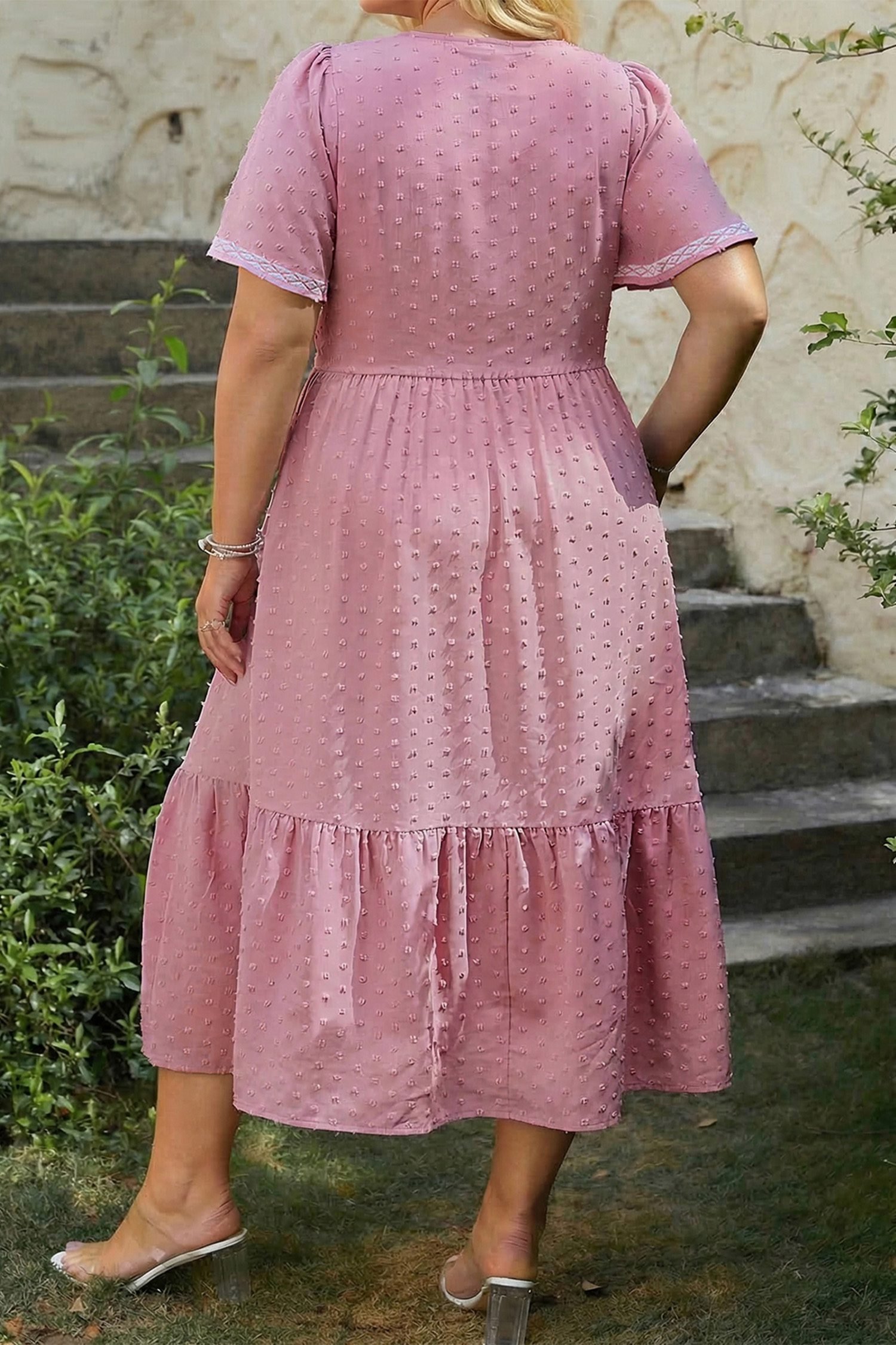 Pink Plus Size Swiss Dot Short Sleeve Smocked High Waist Flowy Midi Dress