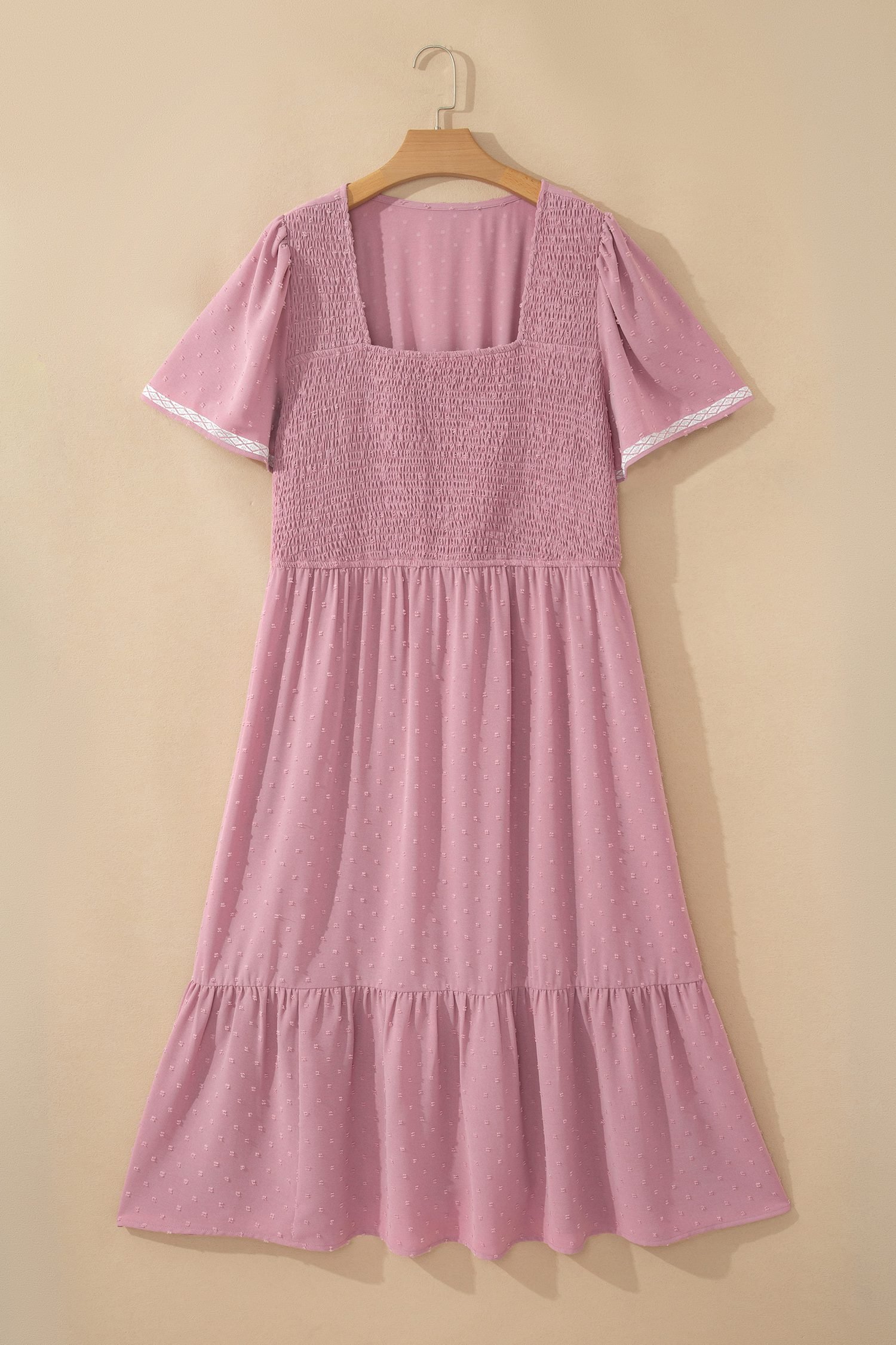 Pink Plus Size Swiss Dot Short Sleeve Smocked High Waist Flowy Midi Dress