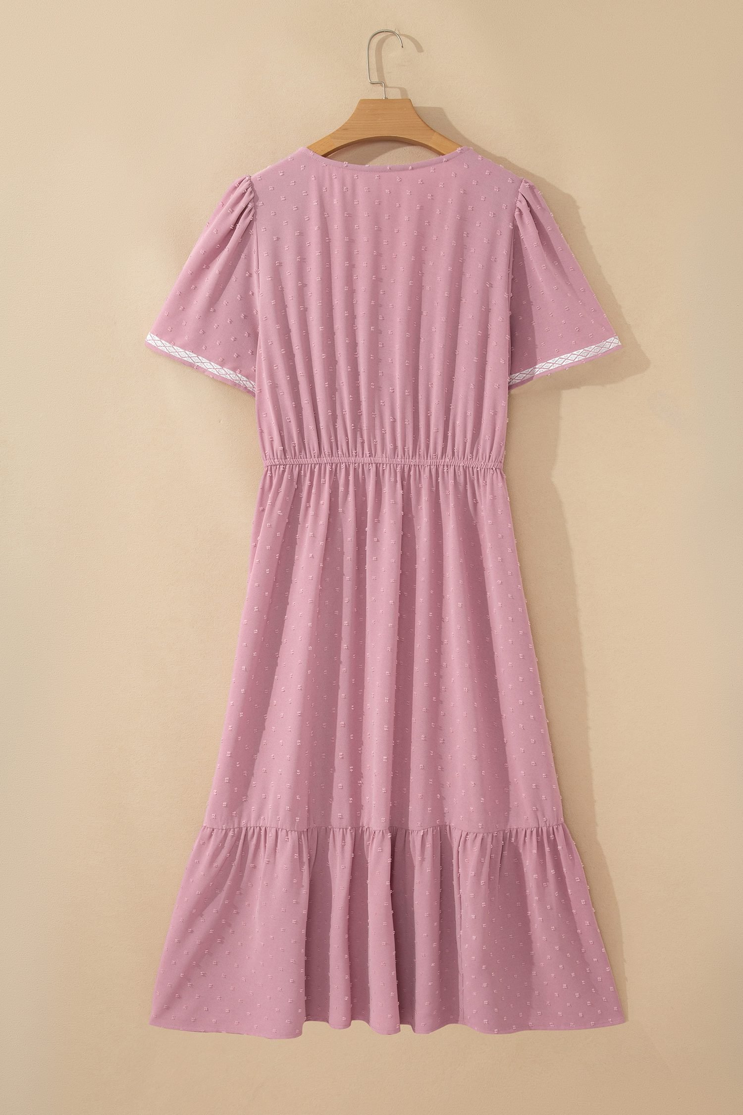 Pink Plus Size Swiss Dot Short Sleeve Smocked High Waist Flowy Midi Dress