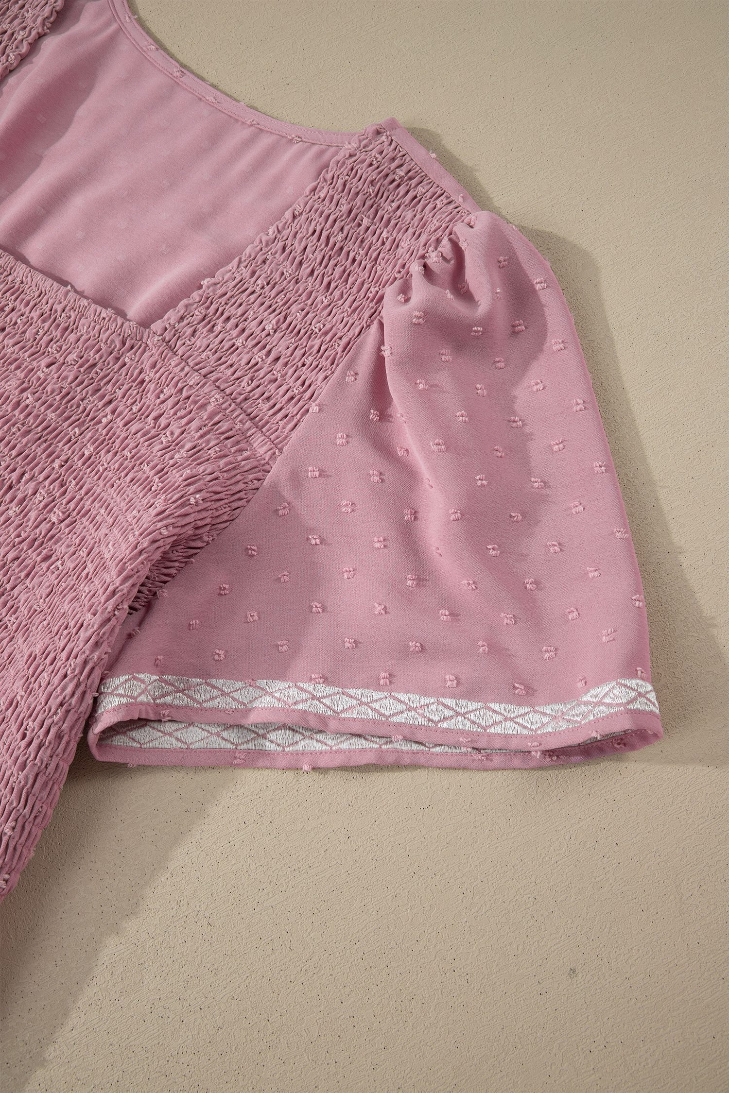 Pink Plus Size Swiss Dot Short Sleeve Smocked High Waist Flowy Midi Dress