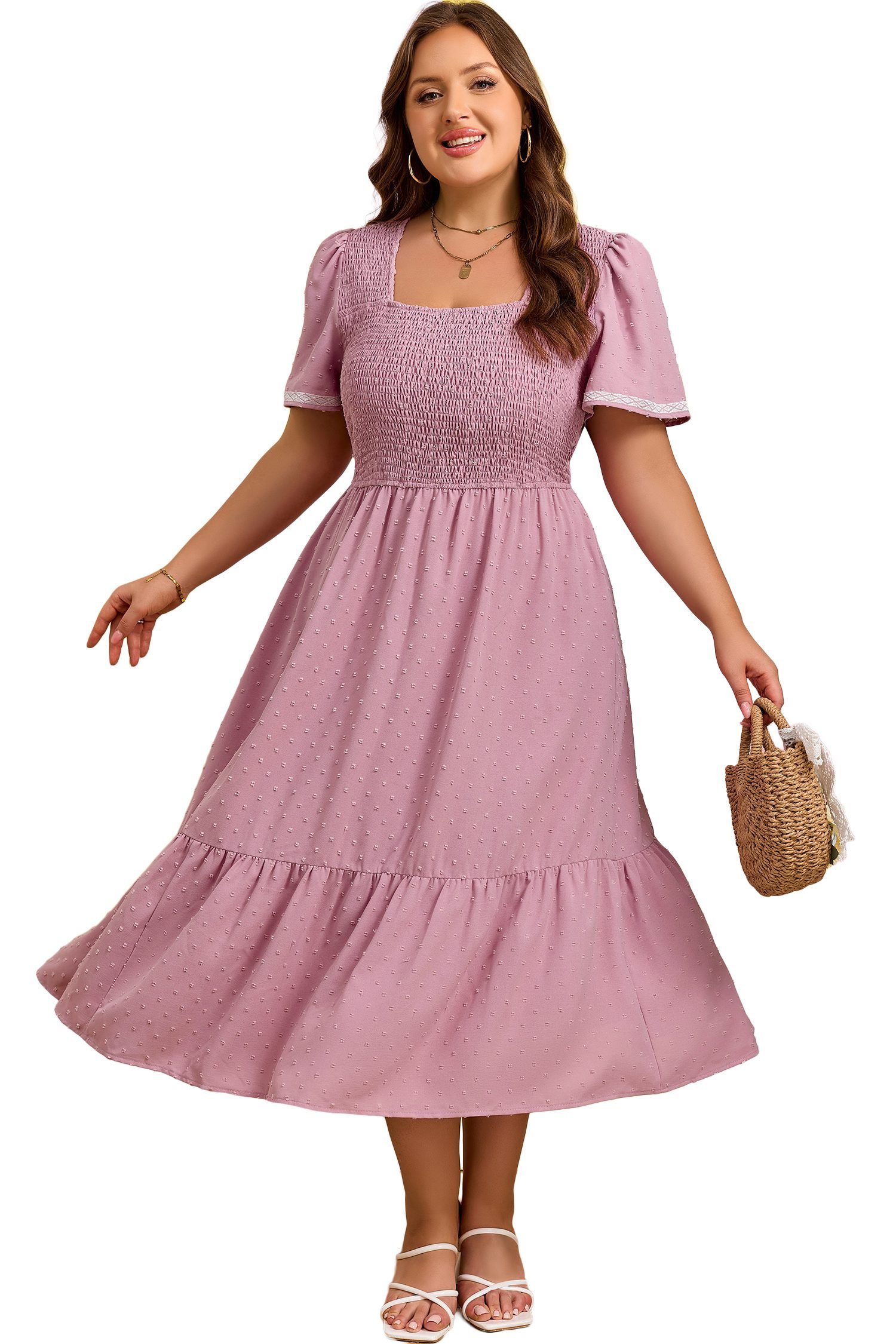 Pink Plus Size Swiss Dot Short Sleeve Smocked High Waist Flowy Midi Dress