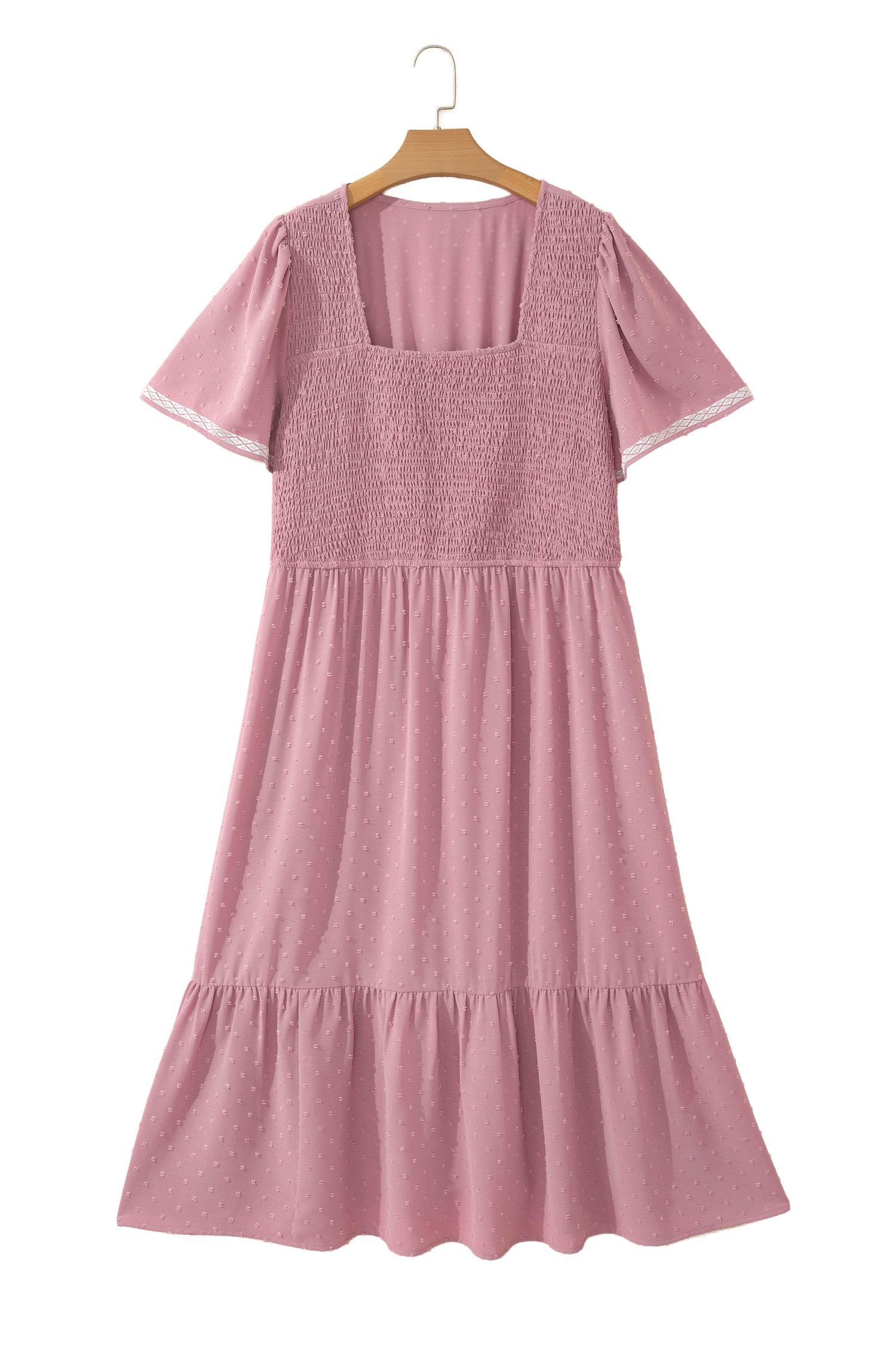 Pink Plus Size Swiss Dot Short Sleeve Smocked High Waist Flowy Midi Dress