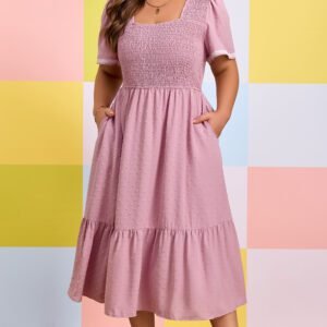 Pink Plus Size Swiss Dot Short Sleeve Smocked High Waist Flowy Midi Dress