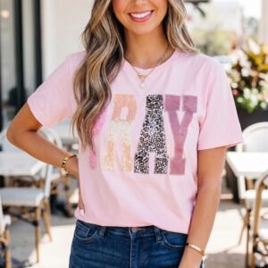Pink PRAY Sequin Leopard Multiple Patched Graphic Tee