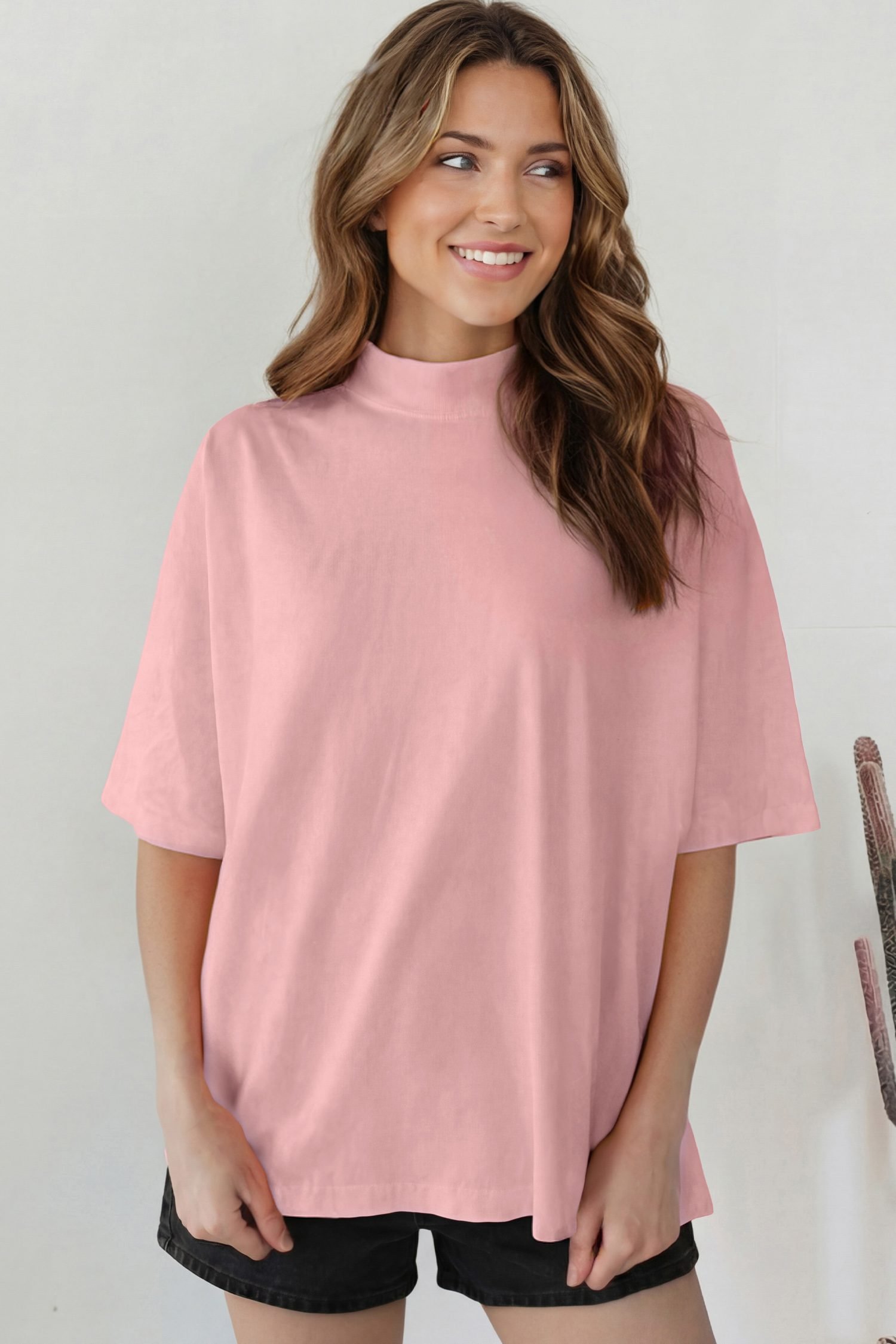 Pink Solid Color High Neck Oversize Tee