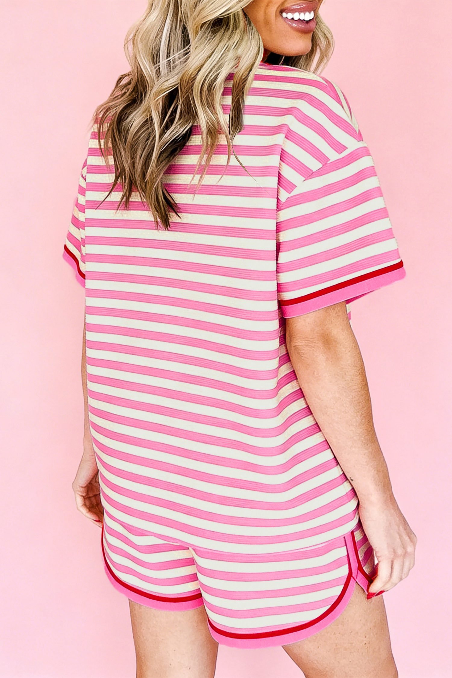 Pink Stripe Contrast Trim Short Sleeve Top Loose Shorts 2pcs Casual Outfit